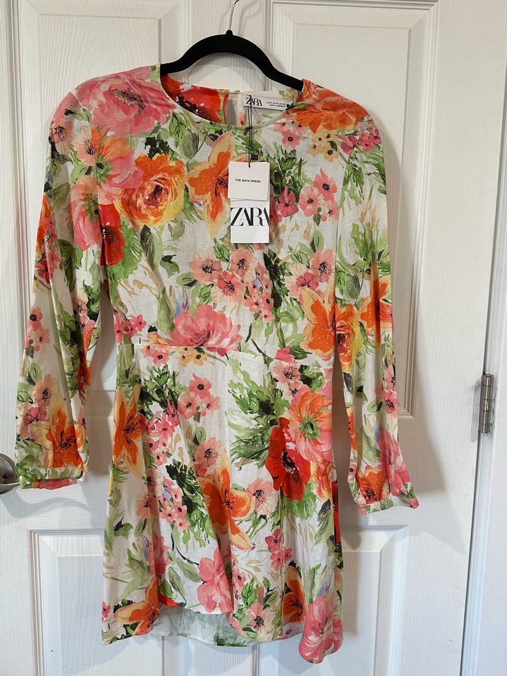 Zara White Floral Short Dress with Pink & Orange Blooms
